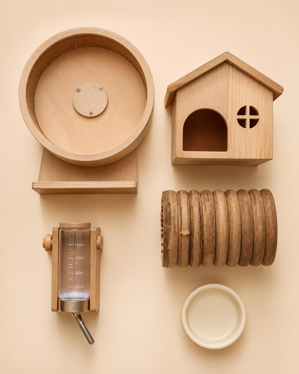 Flat lay of wooden hamster accessories: wheel, house, water bottle, tunnel and bowl