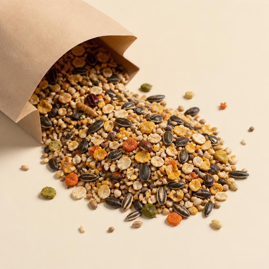 Premium hamster seed and grain mix spilling from a kraft paper pouch