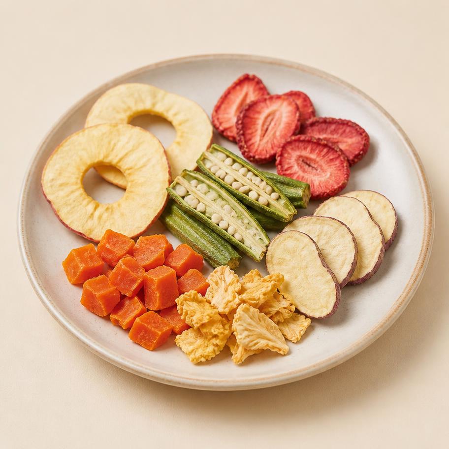 Natural dried fruit and vegetable hamster treats on a ceramic plate