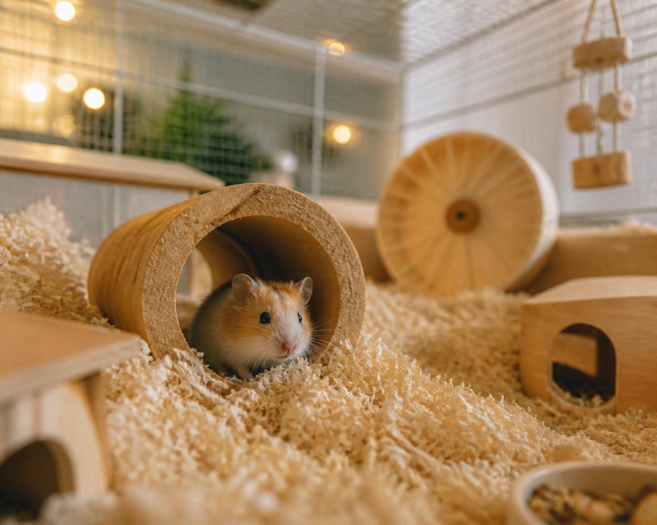 A hamster peeking out of a wooden tunnel inside a spacious habitat with deep bedding
