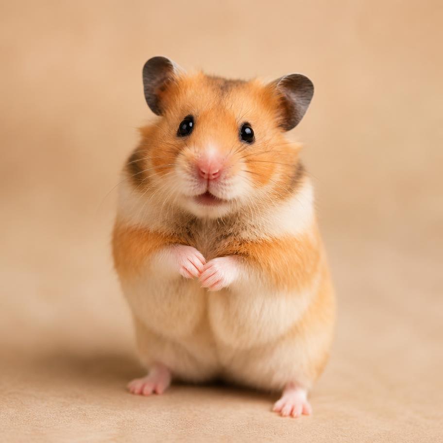 Milo, a golden Syrian hamster sitting upright on a warm beige backdrop