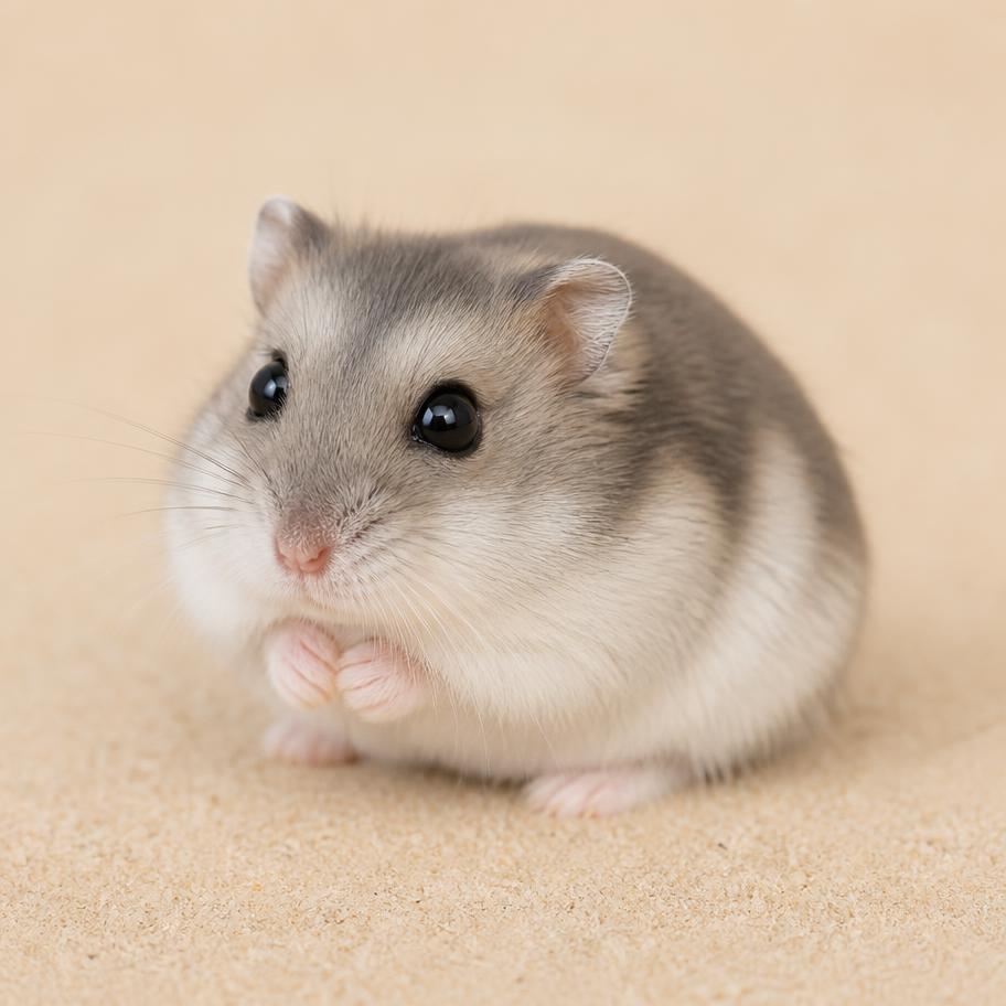 Nala, a grey and white winter white dwarf hamster on light sand