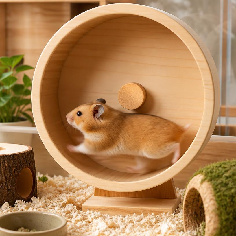 Hamster running on a wooden silent wheel