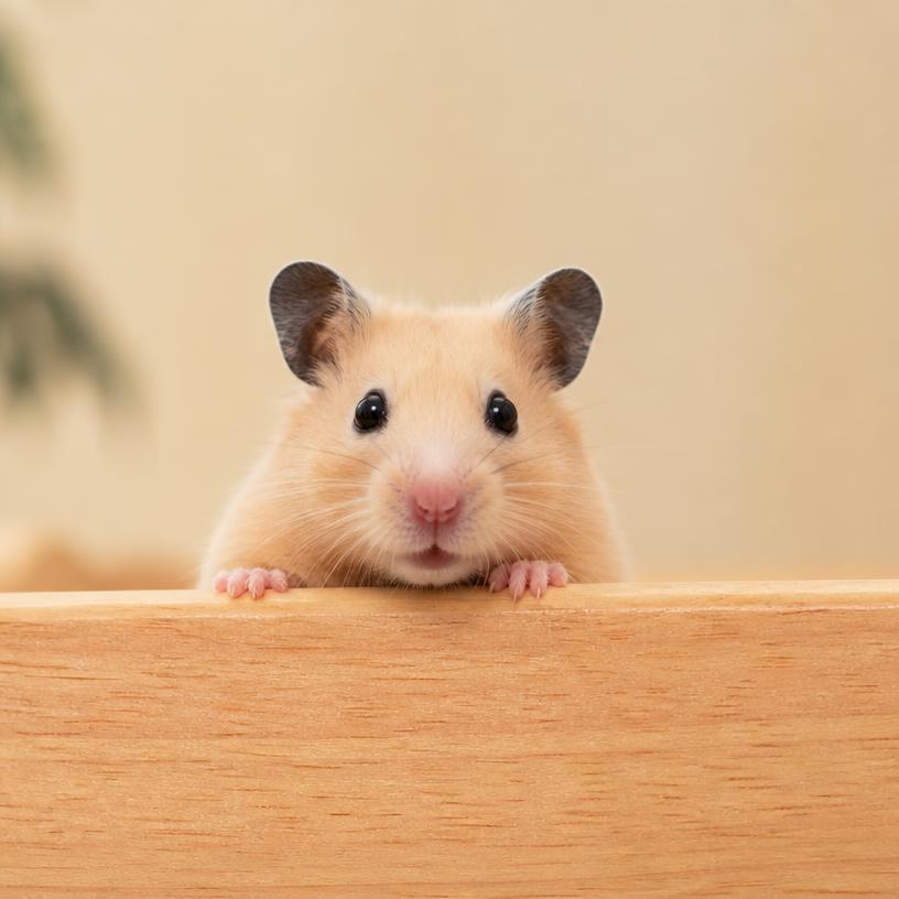 Hamster peeking over a wooden ledge
