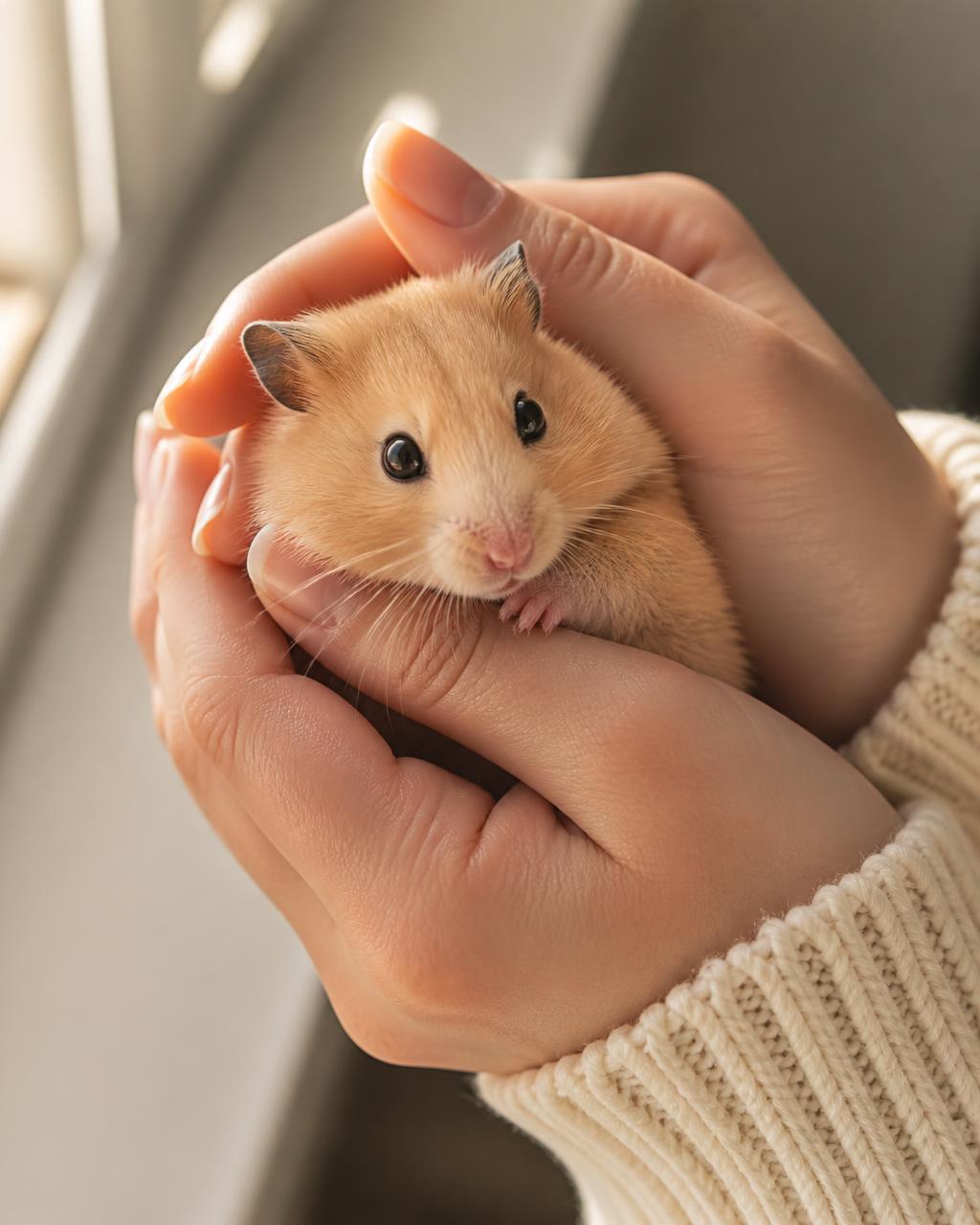 Gentle hands holding a small golden hamster in warm daylight